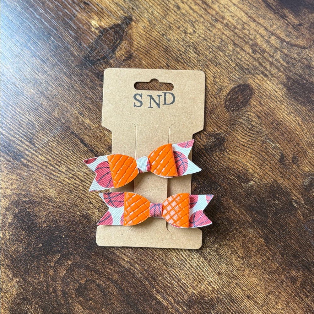 Handcrafted One of A Kind 
Basketball Orange Plaid Bow Hair Clips for Kids